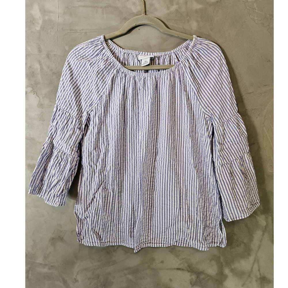 Liz Claiborne size PM White and Purple Cotton Rayon Bell Sleeve Striped Blouse